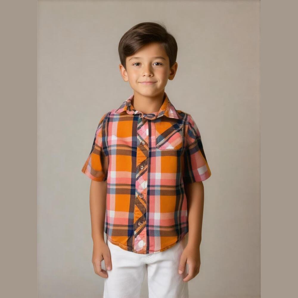 Arizona Boys Shirt Sz 6 Orange Navy Pink White Blue Plaid Short Sleeve Button Up